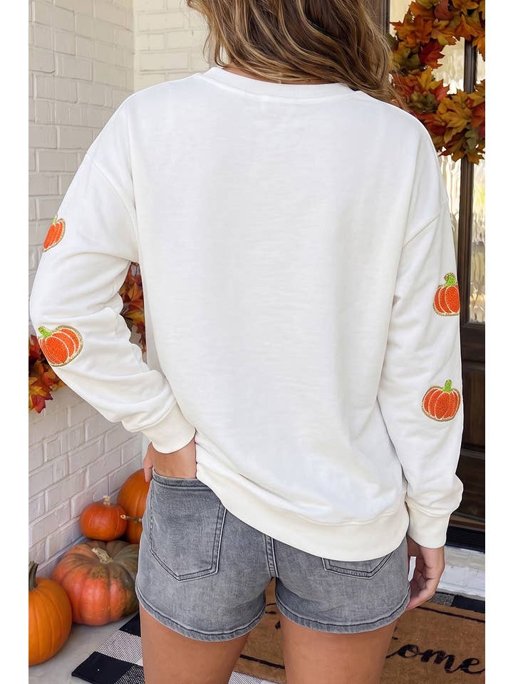 Las Fall Glitter Chenille Pumpkin Sweatshirt (S-Xl)