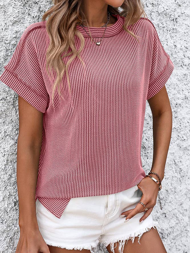 Ribbed Knitting Stitching Outside Round Neck Top MD121