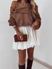 Autumn/Winter Elegant Solid Color Slim-Fit Sweater, Off-Shoulder Long Sleeve Warm Jumper for Women, Versatile — view 6