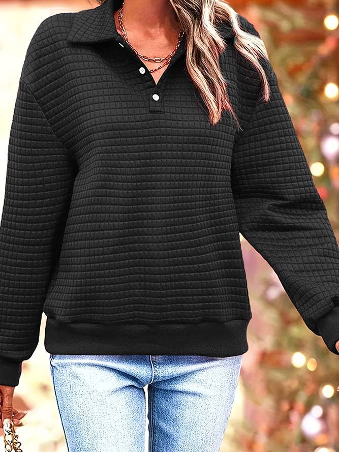 Plain Waffle Knit Collar Button Pullover Sweatshirt ZK955