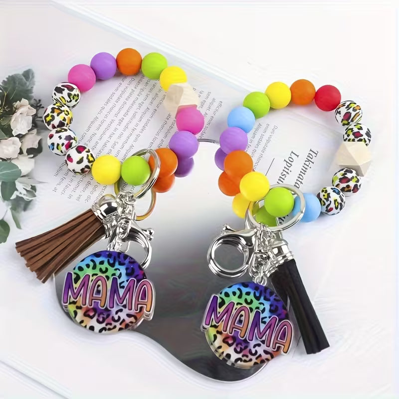 A Rainbow Leopard Print 'MAMA' Beaded Keychain, a Key Ring with Colorful Fringed Pendants, a Fashionable — view 8