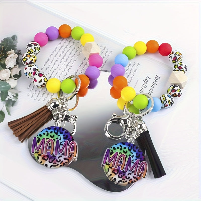 Rainbow Leopard Print "MAMA" Beaded Keychain with Colorful Tassel Pendant