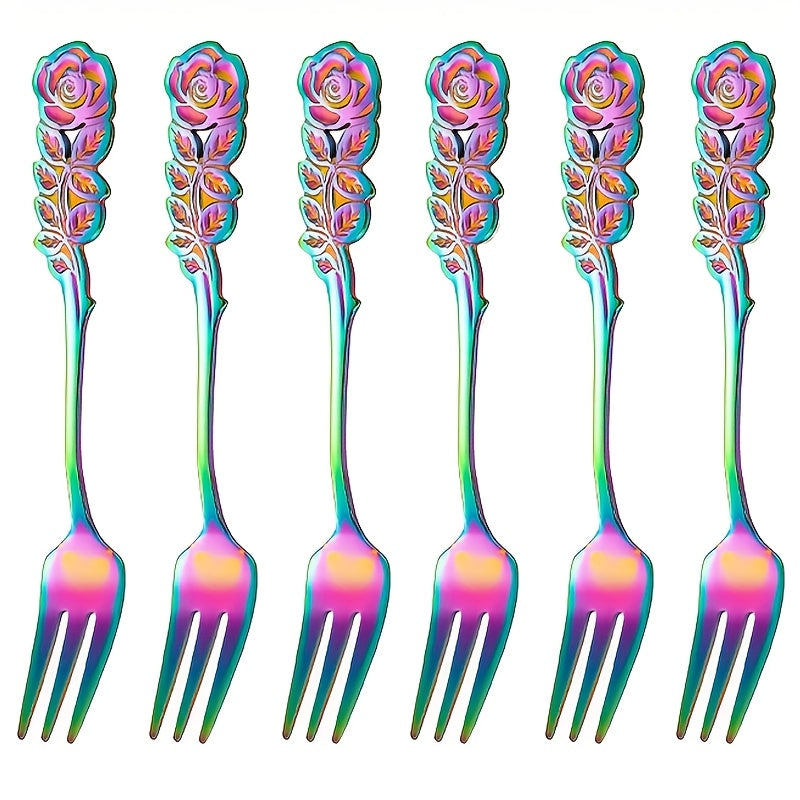 A Set of 6 Exquisite Rose-Shaped Dessert Forks, Made of High-Quality Stainless Steel, Elegant Flower-Shaped Cake Forks, Cute Utensils Suitable for Home Kitchens, Cafes, And Tea Parties