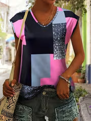 Vibrant Color Block Plaid Crew Neck T-Shirt - Soft Dacron And Spandex Blend, Micro Elasticity, Machine Washable — view 2