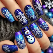 47pcs Full Cover Press on Nails Suitable for Christmas, Ballerina Medium Length Glossy Acrylic Nails with Blue — view 1