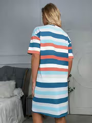 Women's Colorful Striped Print Short Sleeve Round Neck Loungewear Top, Casual Loose Fit Suitable for Spring and — view 3
