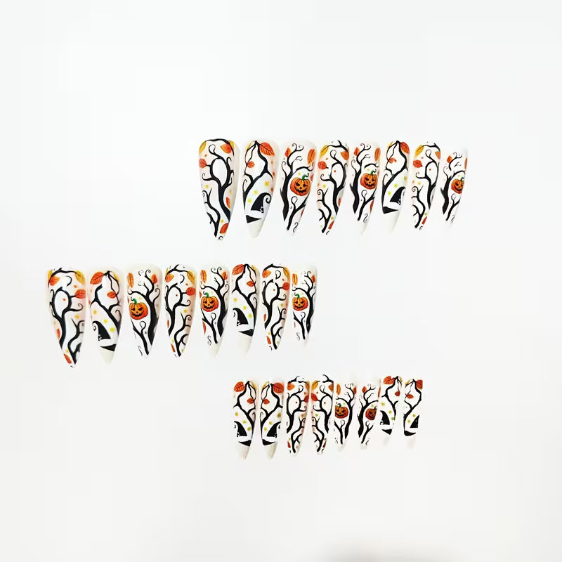 F24pcs Convenient Nail Art White Base Nude Leaf Pumpkin Halloween Hat Party Nail Art Long Wearable Nails Glossy — view 7