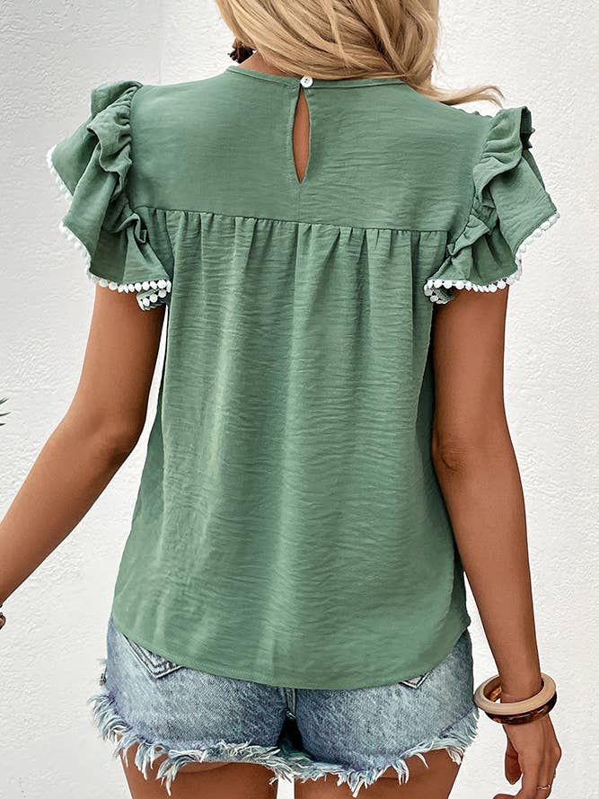 Green Smocked Ruffle Sleeves Top BFZY518
