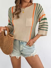 Spring Summer Casual Elegant Round Neck Color Block Stripe Pocket Pullover Woman Loose Hollow Out Tops — view 5