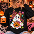 Polka Dot Halloween Ghost Sweatshirt, Pink Leopard Bow Shirt — view 1