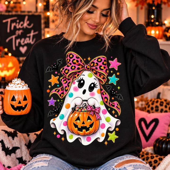 Polka Dot Halloween Ghost Sweatshirt, Pink Leopard Bow Shirt — view 1