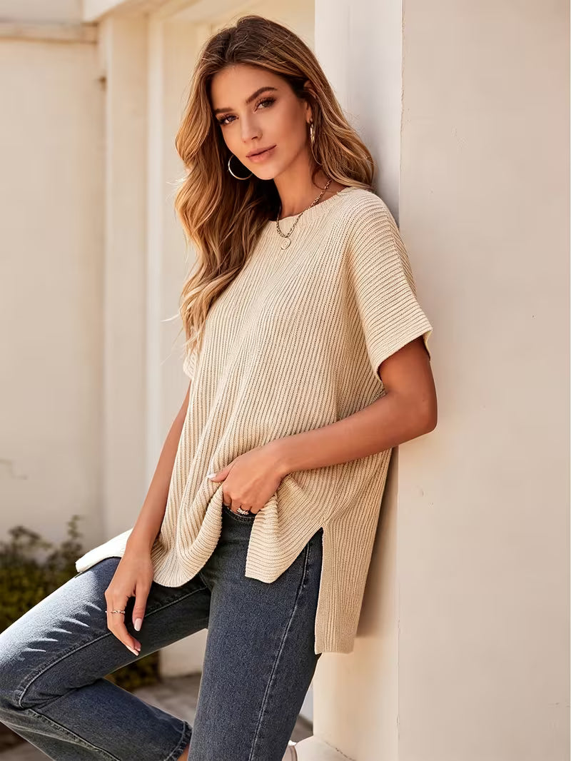 Casual Loose Solid Color Pullover Sweater, Fluffy Short Sleeve, Round Neck with Side Slit, Women'S, Single — view 1