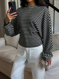 Striped Batwing Sleeve Waist-Cinched Long-Sleeve Top