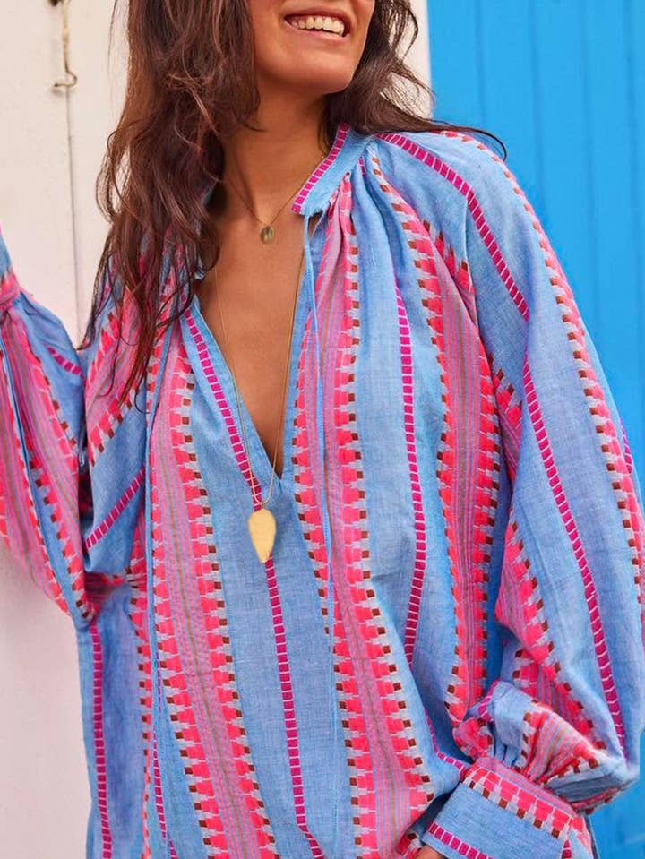 Bohemian Chic Resort Style Blouse in Geometric Stripes