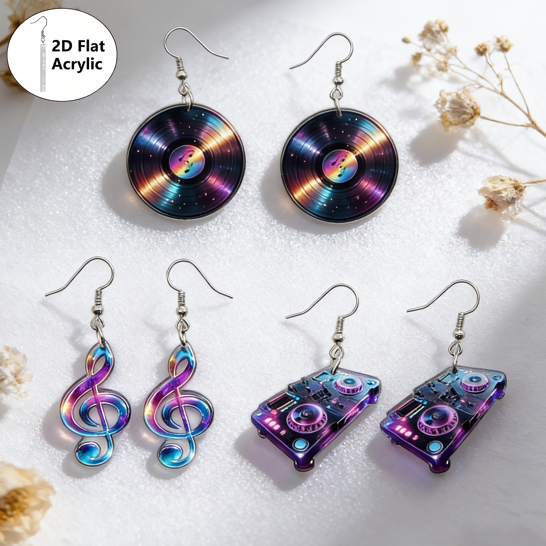 2D Flat - Colorful 2D Flat Acrylic Earrings Featuring a Disc Design, Perfect for Music Festival Parties. These Cute Cartoon Additions Make Great Gifts for Fans