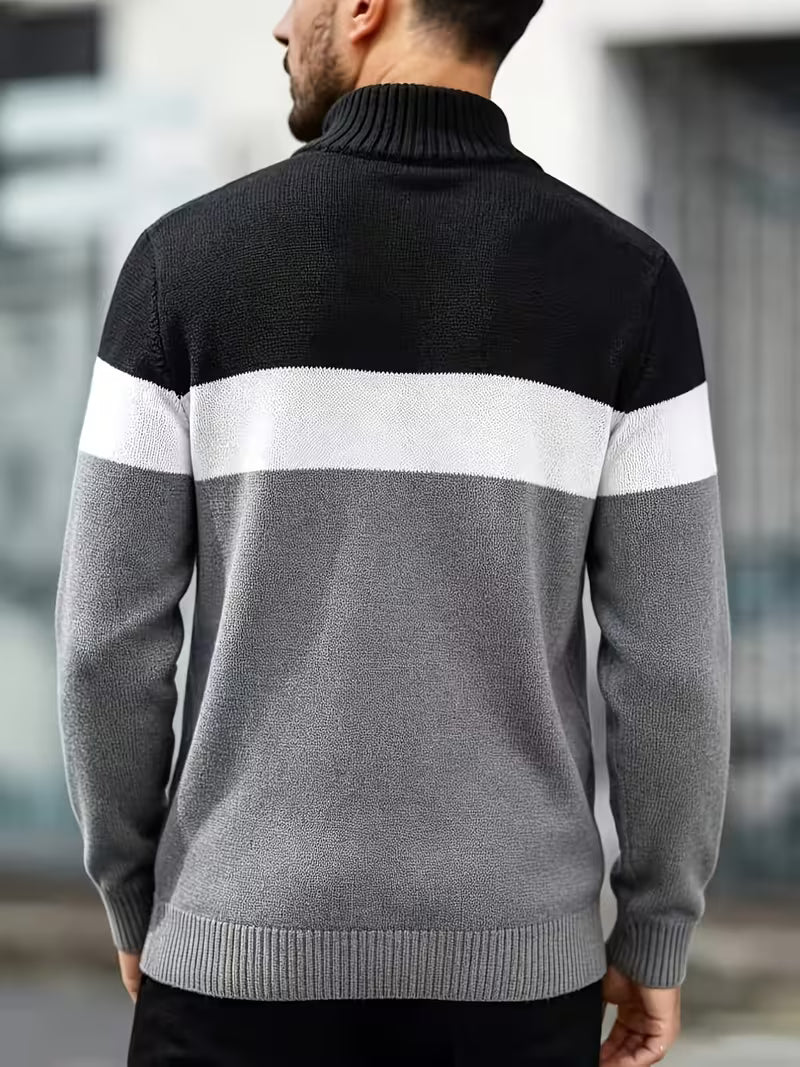 JANE DRESSINGLOG Men's Business and Leisure Style Half High Collar Color Blocked Twisted Flower Knitted Sweater — view 6