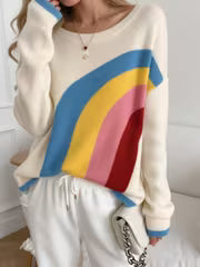 LOBURIY Women's Rainbow Color-Block Sweater - Collegiate Round-Neck Pullover with Blue Cuff Trim, Fall Shoulder — view 1