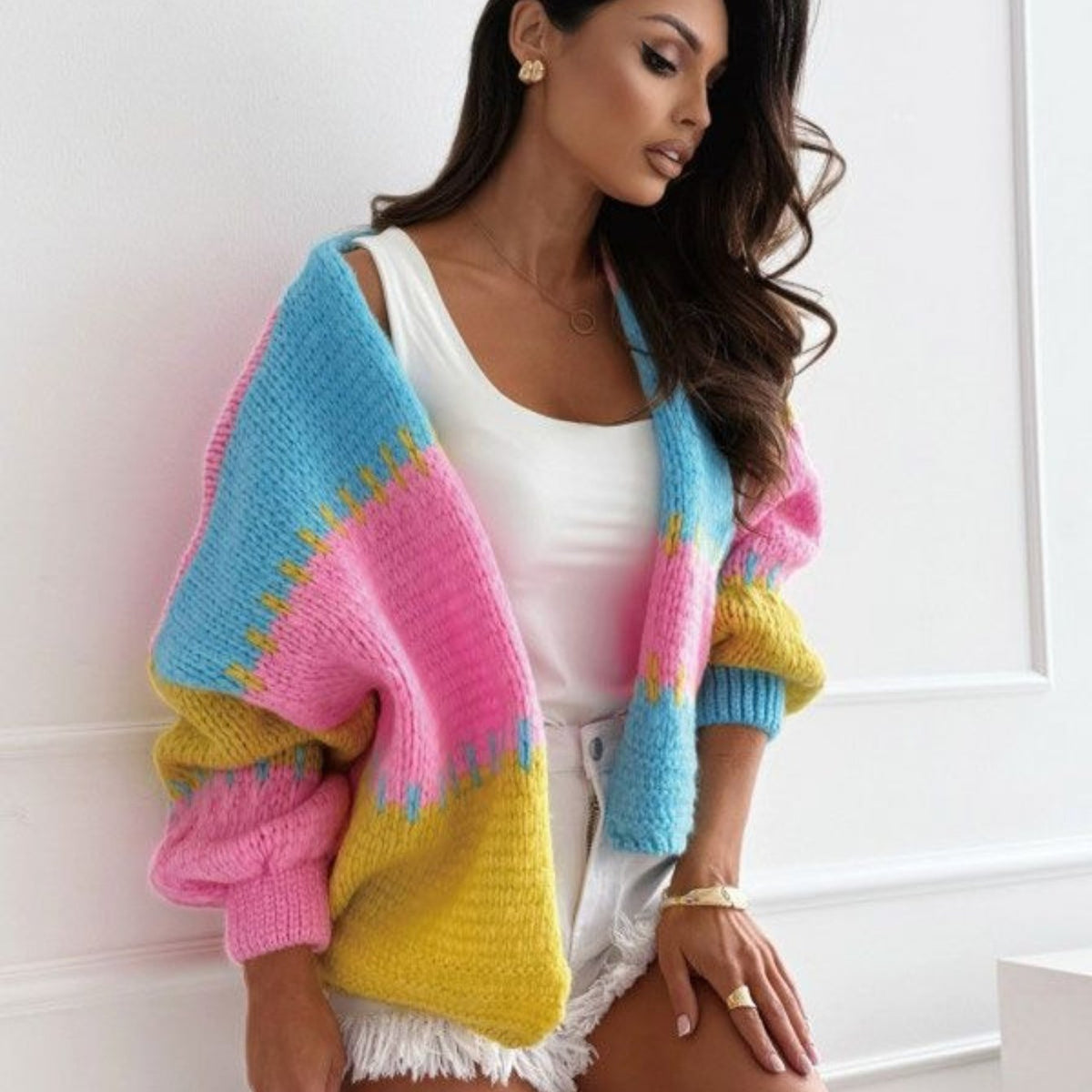 Color Block Short Cardigan for Women