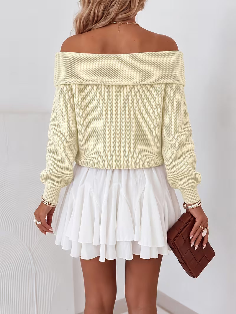 Autumn/Winter Elegant Solid Color Slim-Fit Sweater, Off-Shoulder Long Sleeve Warm Jumper for Women, Versatile — view 4