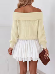 Autumn/Winter Elegant Solid Color Slim-Fit Sweater, Off-Shoulder Long Sleeve Warm Jumper for Women, Versatile — view 3