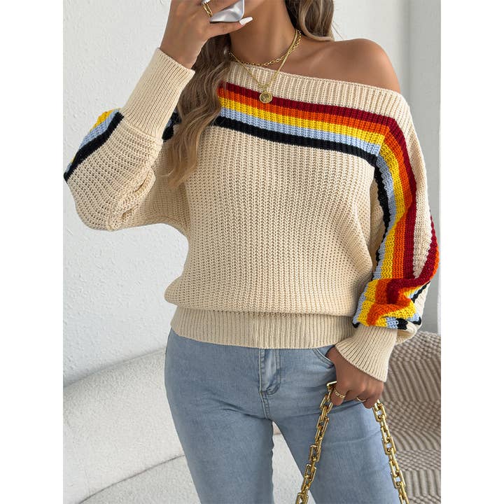 Rainbow Striped Off-Shoulder Lantern Sleeve Sweater BJS351