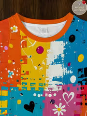 Women's Autumn/Winter Casual Daily Vibe Round Neck Sweatshirt with Colorful Doodle Heart, Daisy, and Checkered — view 3