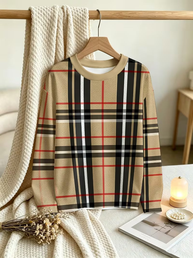 Women's Long Sleeve Drop Shoulder T-Shirt, Classic Plaid Pattern, Timeless Aesthetic Style, Suitable for Daily — view 7
