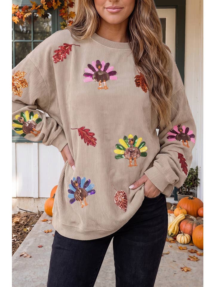 Las Fall Sequin Leaf Turkey Ribbed Sweatshirt (S-2XL)