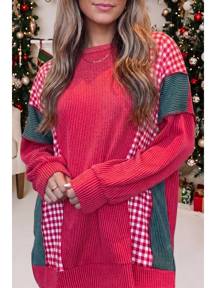 Plaid Colorblock Christmas Twist Rib Long Sleeve Top | S-Xl — view 2