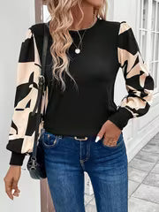 Women's T-shirt, Round Neck Top with Spliced Sleeves, Color-blocked, Suitable for Daily Casual, Elegant, and — view 3