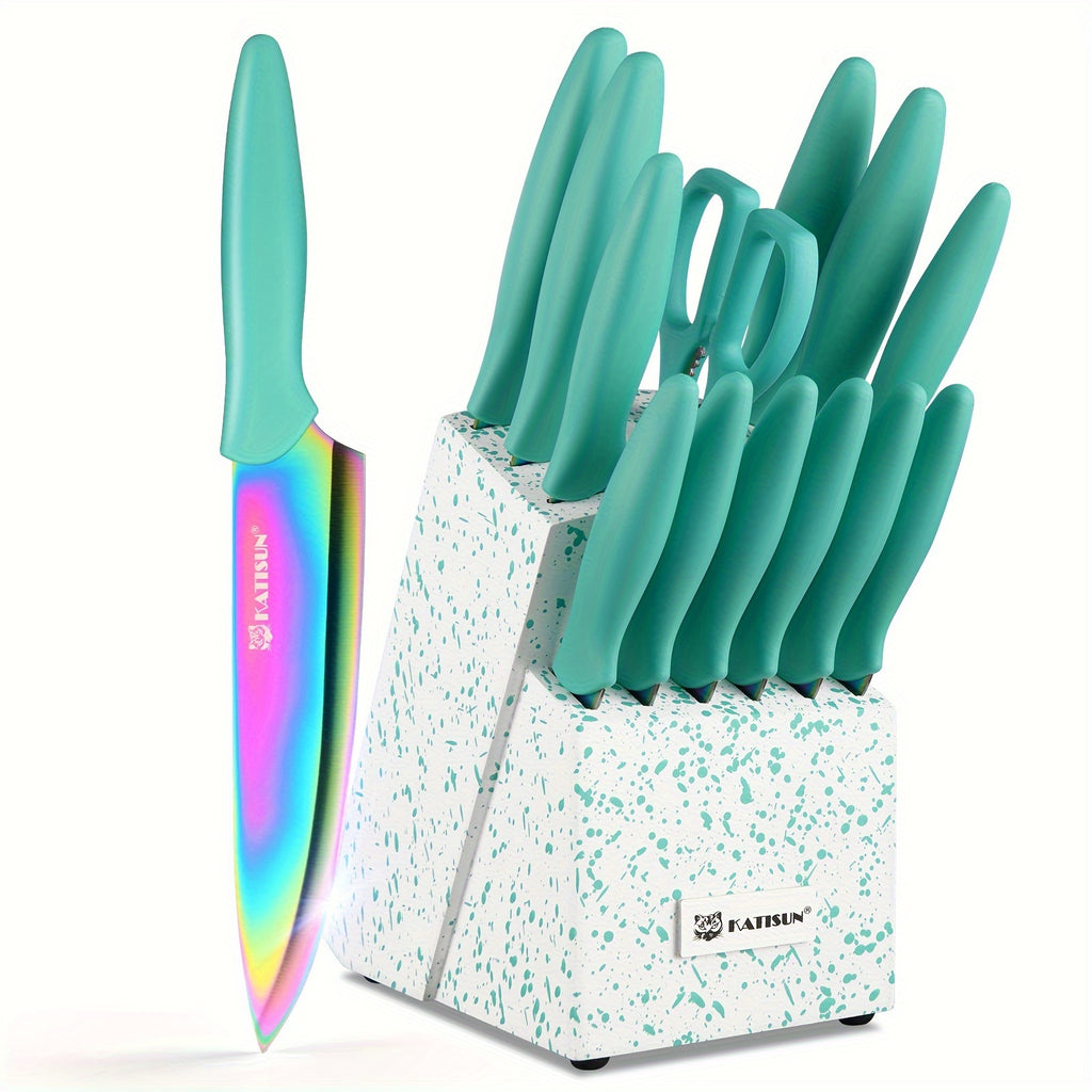 14pcs Professional Stainless Steel Rainbow Titanium Coating Kitchen Knife Set