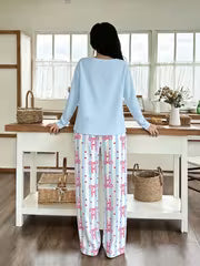 Women'S Casual Pajamas Cute Bow Print Long Sleeve Striped Pants Set — view 6