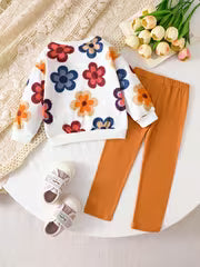 2pcs Set, 1- Girls Sweet Set, Orange Retro Mirad Color Floral Print Thickened Warm Round Neck Long Sleeve — view 2