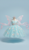 Sky Blue Embellished Dress With Butterfly Set