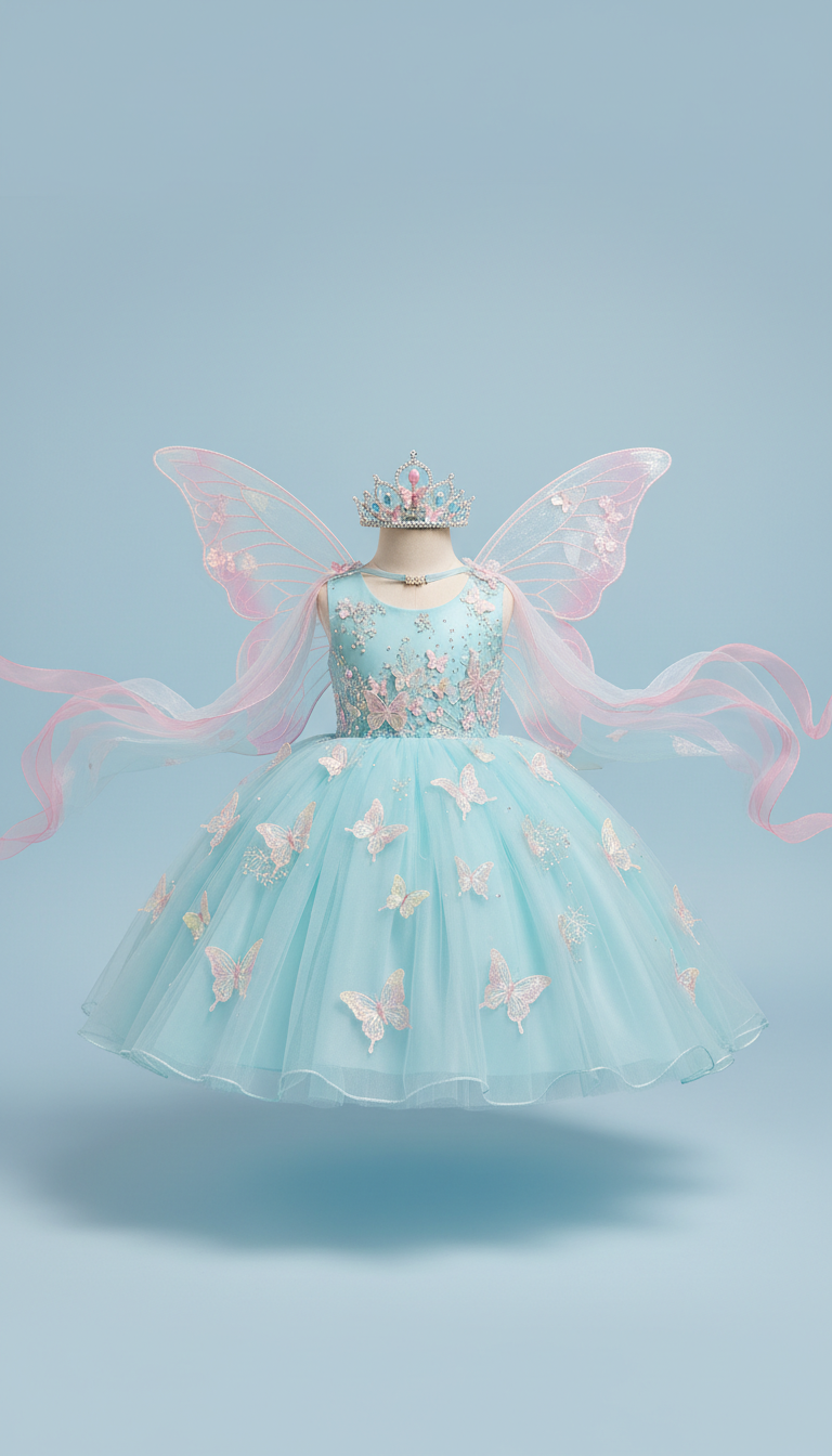 Sky Blue Embellished Dress With Butterfly Set