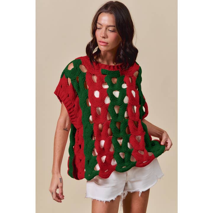 Color Block Open Knit Sweater Vest Top