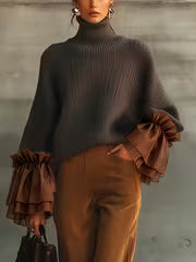 Women'S Elegant Fashion High-Neck Long Sleeve Sweater with Sheer Ruffled Cuffs — view 1