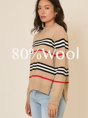 Women's 80% Wool Classic Striped Sweater Crew Neck Long Sleeve Soft Cozy Pullover Fall Winter Top — view 2