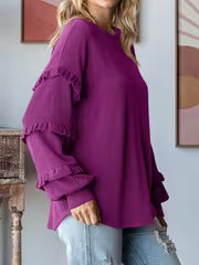 Spring Autumn Winter Ladies Puff Sleeve Round Neck Pullover | Lace Trim, Loose Fit, Elegant Style, Suitable for — view 2