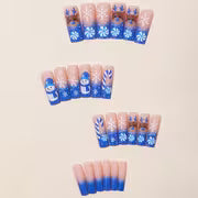 24pcs Christmas Nail Stickers Long Water Pipe Gradient Blue Snowman Lost Cane Snowflake Pattern Printed Design — view 3