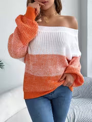 Elegant Off-Shoulder Striped Sweater - Casual Lantern Long Sleeve, Acrylic Knit for Women - Perfect for — view 3