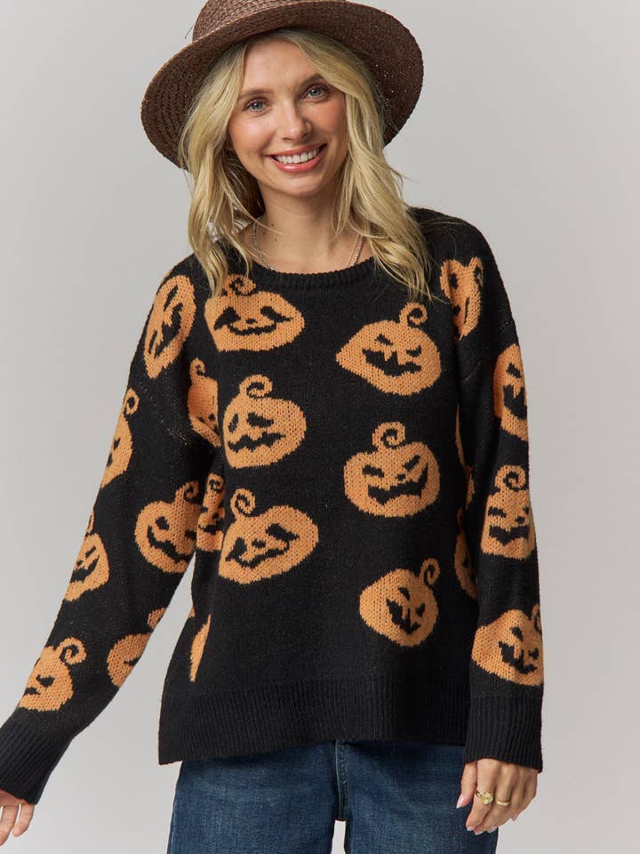Halloween Pumpkin Print Knit Sweater - LESW4528 — view 3