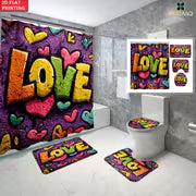 4pcs Colorful LOVE Word Pattern Shower Curtain Set, Shower Curtain with 6/12 Hooks, Non-Slip Bath Rug, U-Shape — view 2