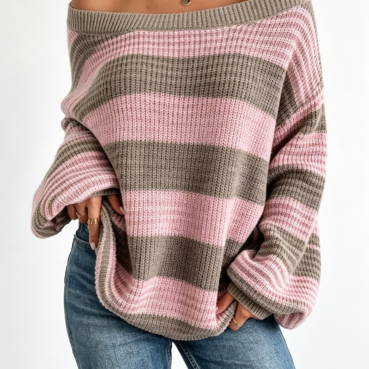 Women Off-Shoulder Striped Sweater Fall Lazy Style