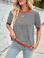 Women's Casual Striped Round Neck Sweater - Ribbed Short Sleeve Pullover with Color Block Design, High Stretch — view 3