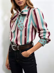 Striped Bow Tie Blouse with Contrast Collar And Cuffs, Suitable for Spring/Autumn Wear, Office Attire, Elegant — view 1