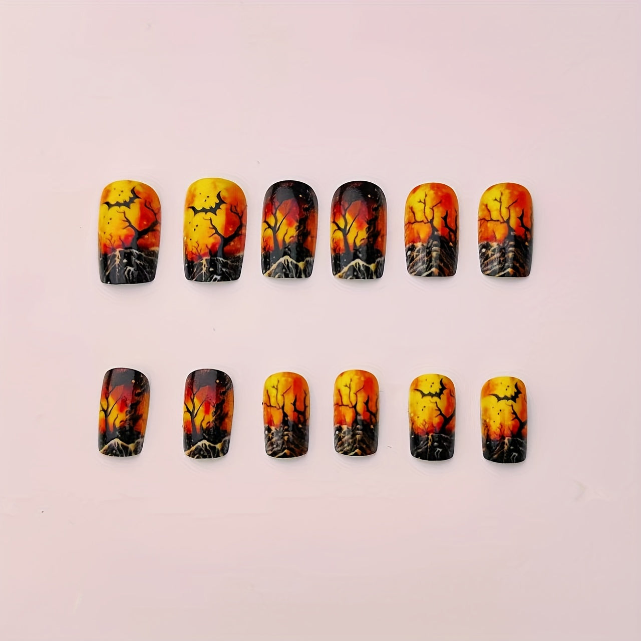 24pcs Halloween Press-On Nails - Black & Orange Tree Design with Bats, Moon & Snowflakes - Medium-Length Square Glossy Fake Nails for Halloween Parties, Reusable Detachable Nail Art, Halloween Decorations, Festive Party Accessories