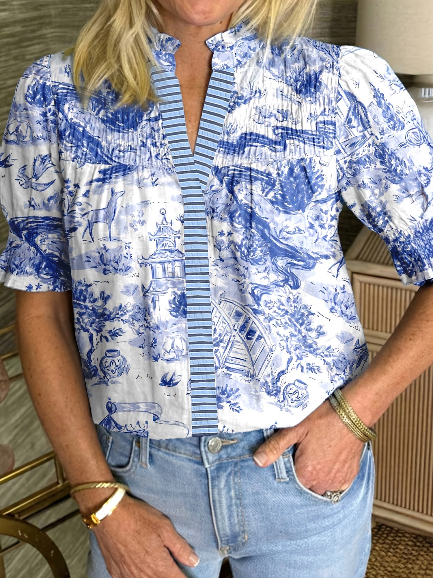 Blue Wild Animal Paradise Striped Detail V Neck Blouse