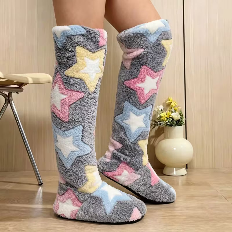 Women'S Over-The-Knee Plush Home Warm Boots, Random Star Print Long Floor Slippers, Floor Socks, Soft Sole — view 15