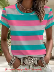 [Printed Design-Not Textured]Women'S Fashion T-Shirt, Horizontal Stripes (Pink, Gray, Teal), Mixed Colors — view 4